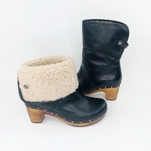 UGG Lynnea Black Leather Wood Heel Clog Ankle Boot